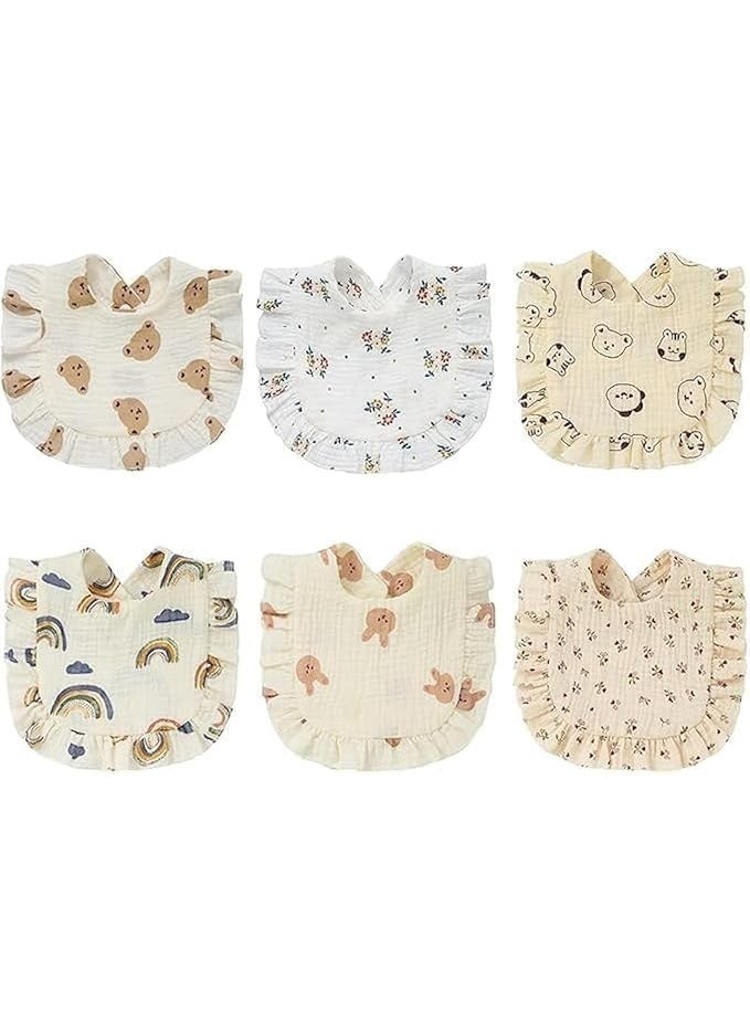 CLENEA 6 Pack Solid Muslin Baby Drool Bibs Set, Adjustable Baby Drool Cloth Set, for Unisex Boys Girls Cotton Adjustable Teething Feeding Drooling Bibs